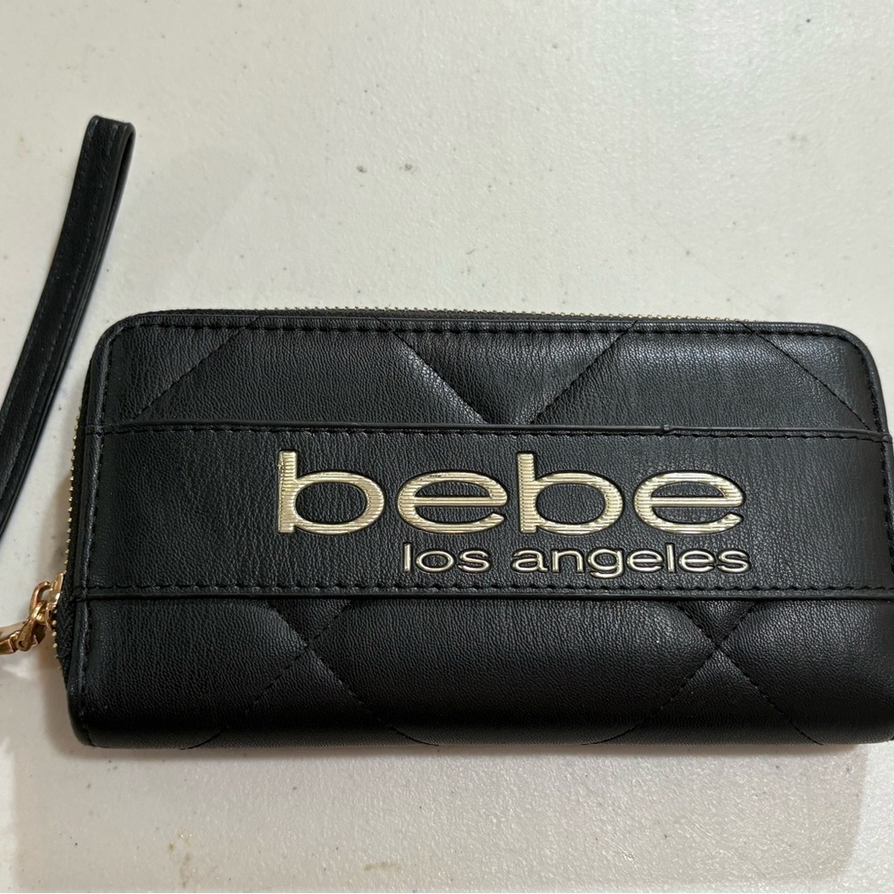 Bebe Quilted Black Wallet with Gold Accents